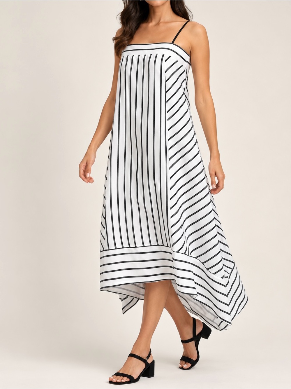 DKNY White & Black Striped High-Low Slip Skirt
